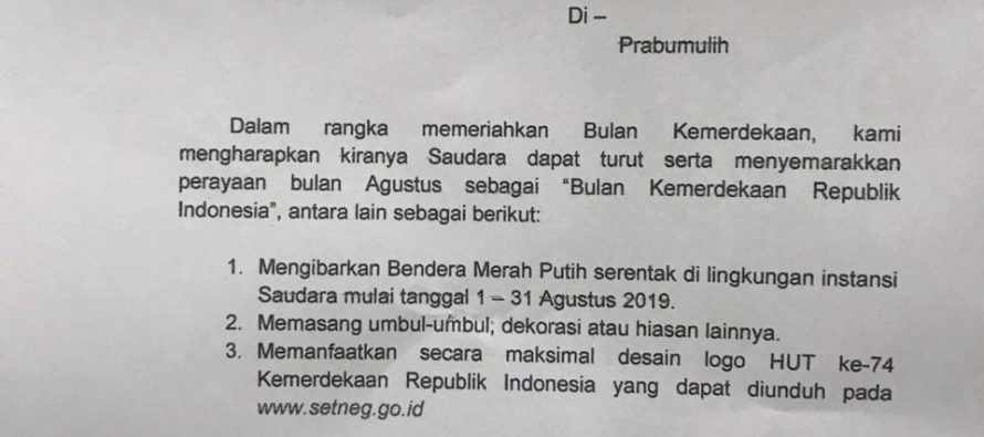 Surat dari Walikota Prabumulih Tentang Semarak Bulan Kemerdekaan Republik Indonesia ke-74 Tahun 2019
