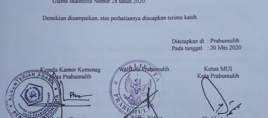Himbauan tentang penyelenggaraan takbir dan sholat idul fitri 1 Syawal 1441 H di Kota Prabumulih tahun 2020
