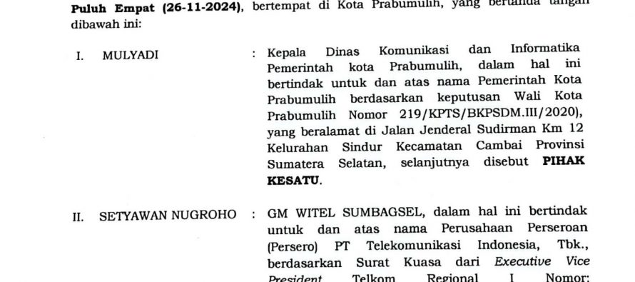 Nota Kesepahaman Antara Diskominfo Kota Prabumulih dengan PT Telekomunikasi Indonesia Tbk