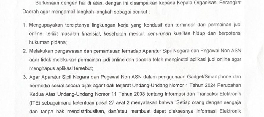 Surat Edaran Tentang Larangan Judi Online Bagi ASN dan Non ASN di lingkungan Pemerintah Kota Prabumulih